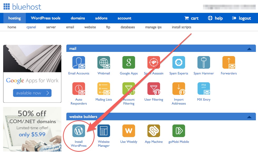 Installation Option WordPress Bluehost