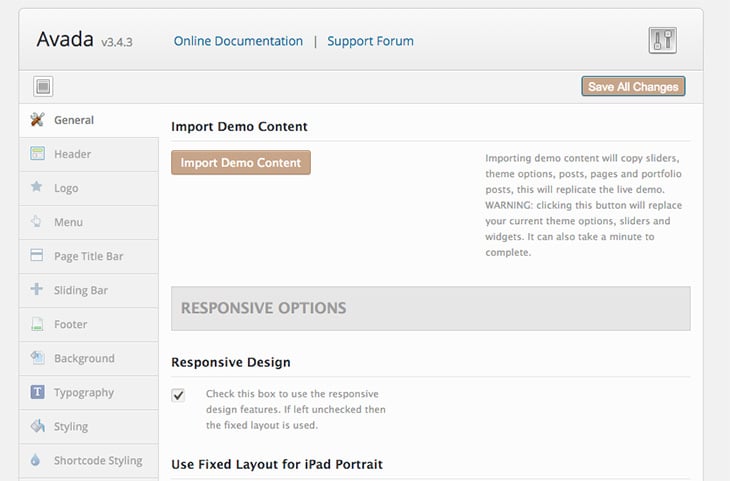 Avada control panel d'options