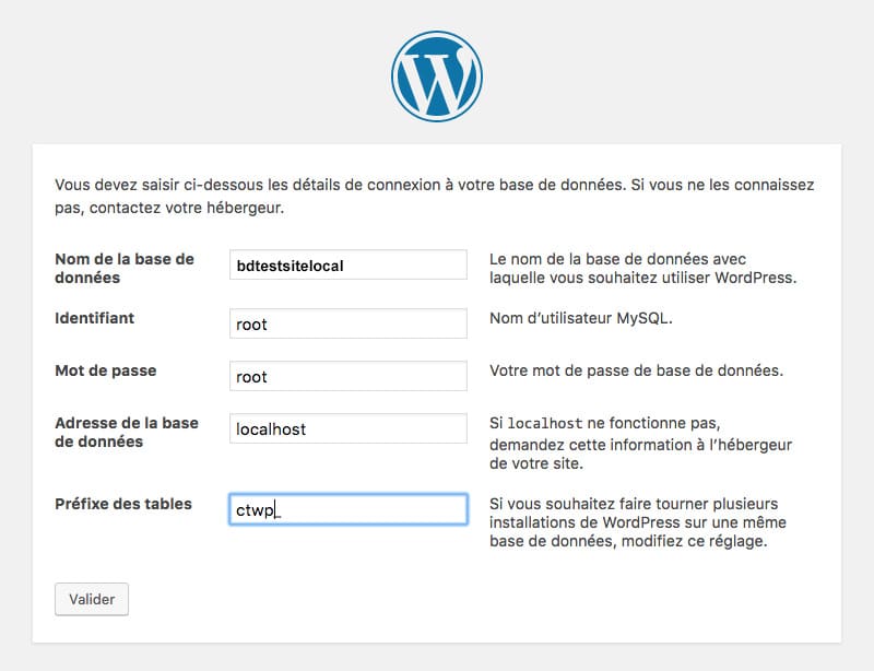 installer wordpress en local étape2