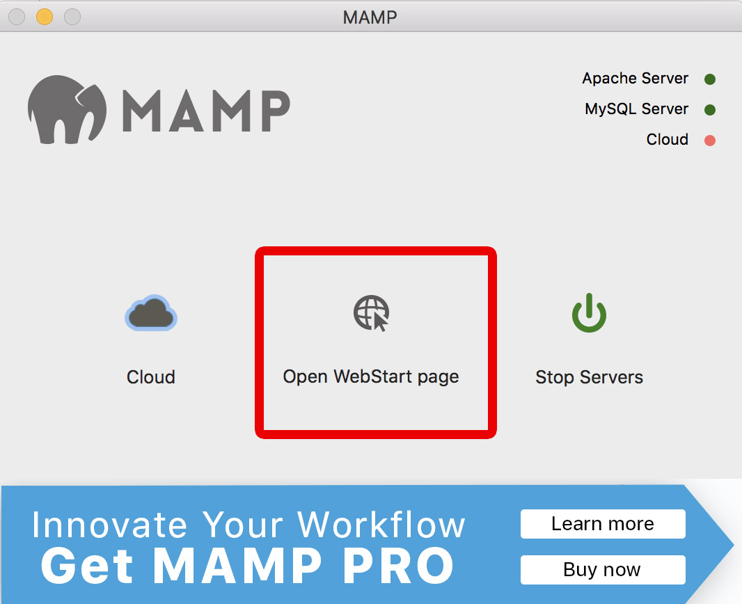 mamp open webstart page