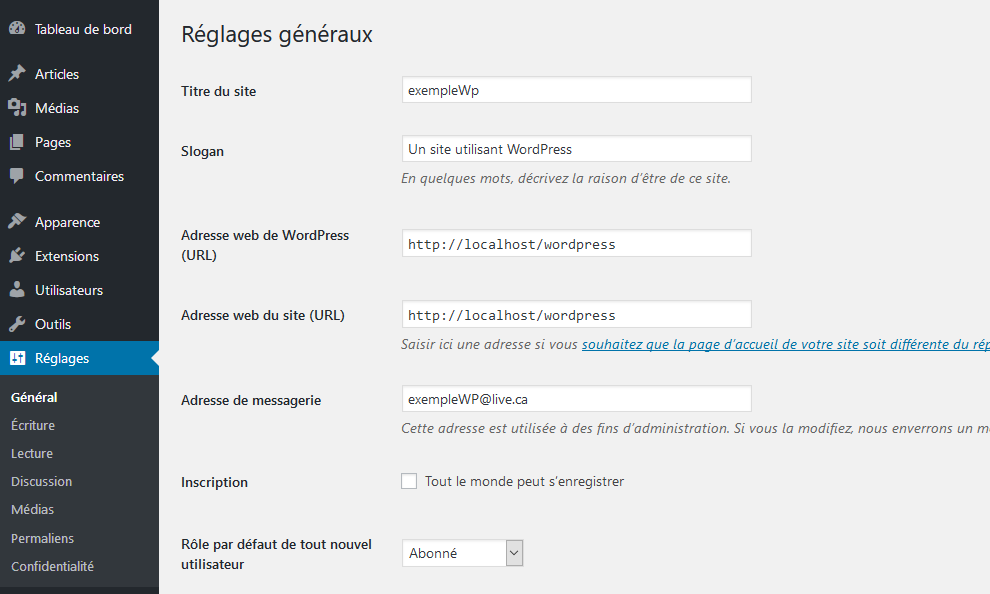 Les réglages dans WordPress