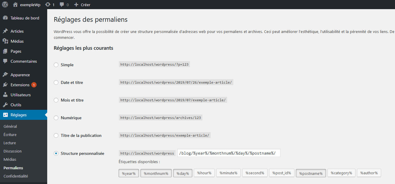 Réglages des permaliens dans WordPress