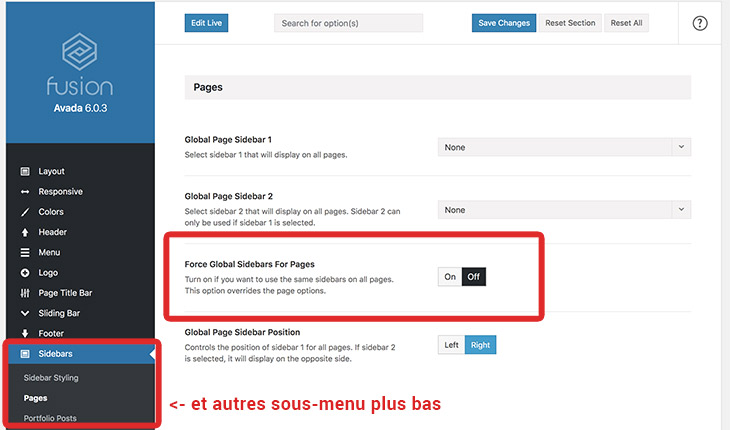 contrôle affichage sidebar site WordPress