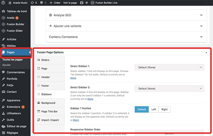 sidebar settings WordPress page