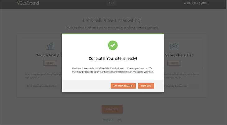 SiteGround installation completed