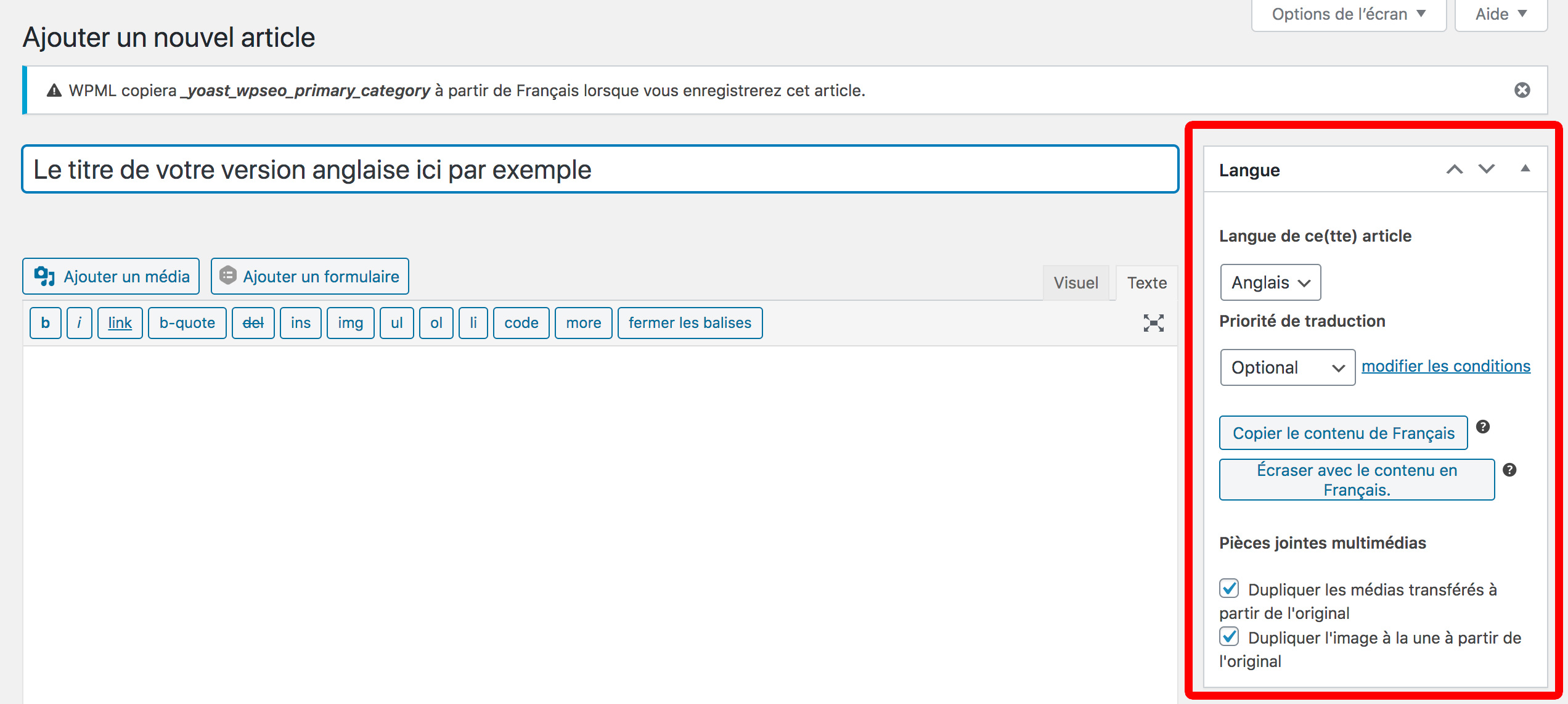 copier le contenu d'une page WPML