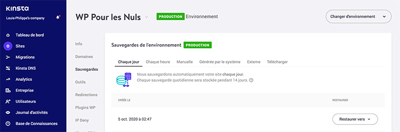 sauvegardes et backup Kinsta