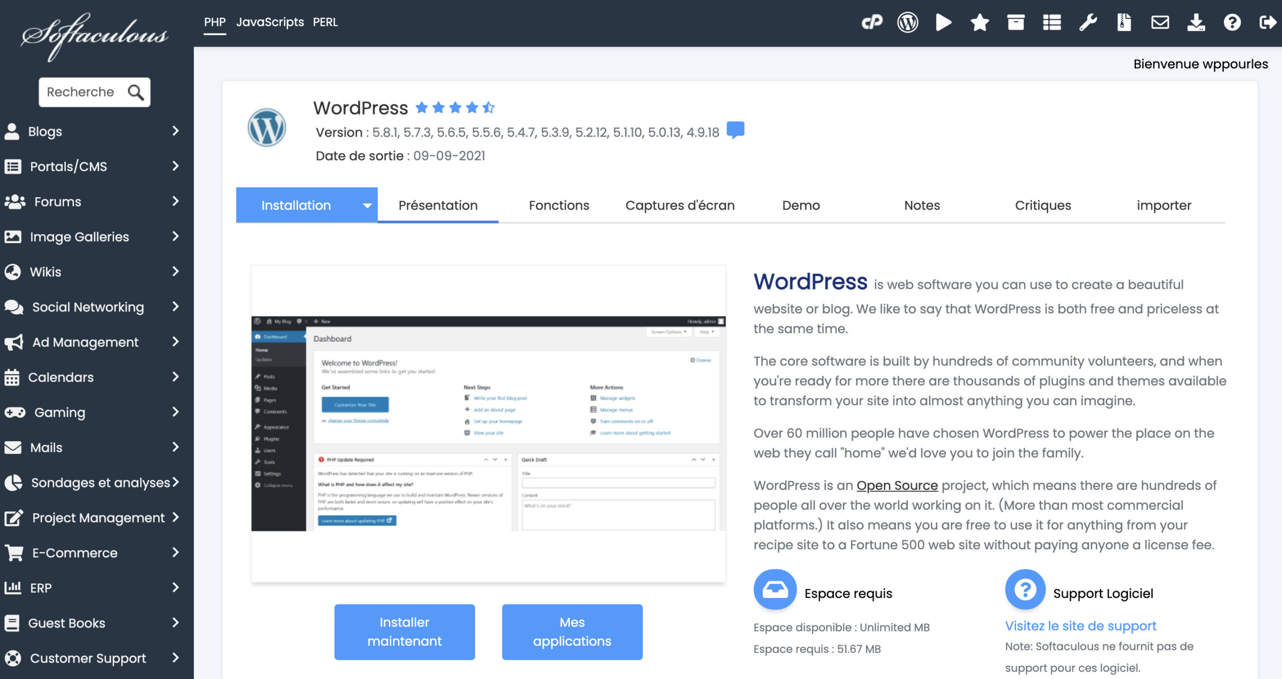 Softaculous WordPress - Accueil