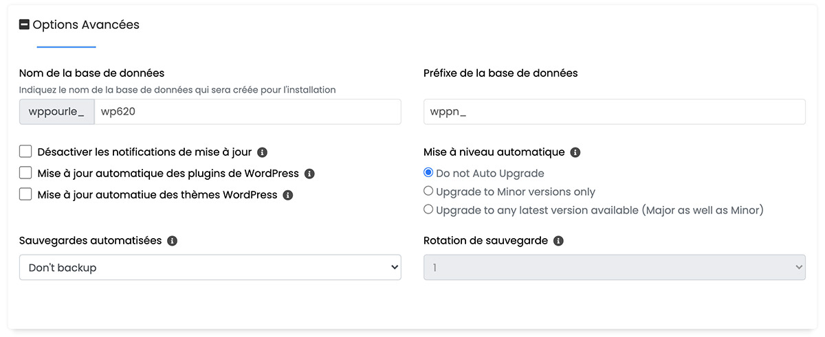 Softaculous WordPress - options avancées